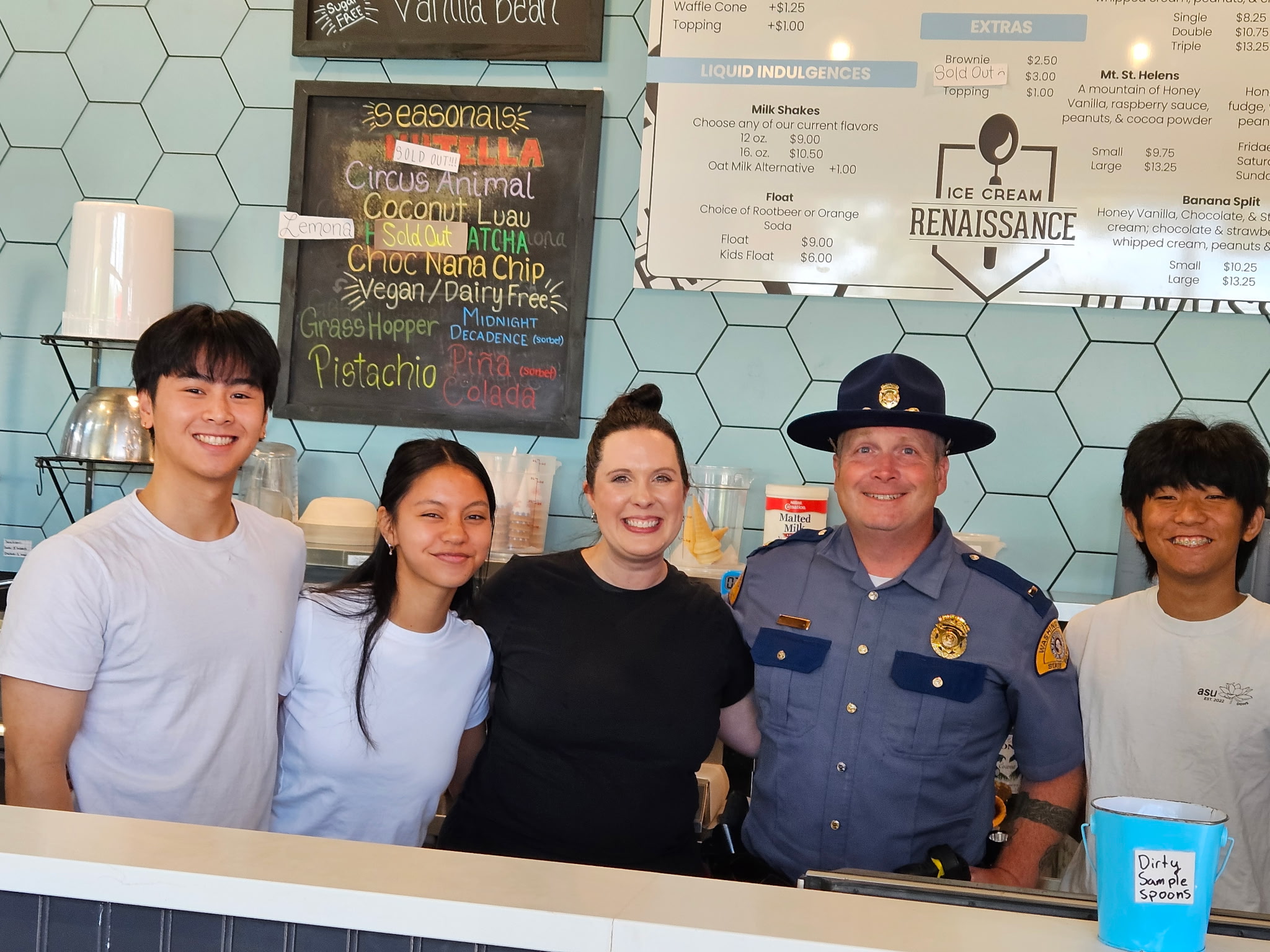 Renaissance Ice Cream staff with a Washington State Patrol officer